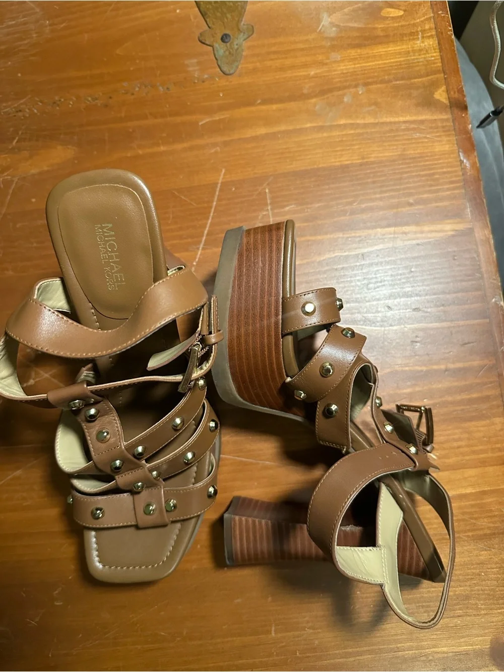 Michael Kors Brown Leather Platform Block Heel Sandals with Studs